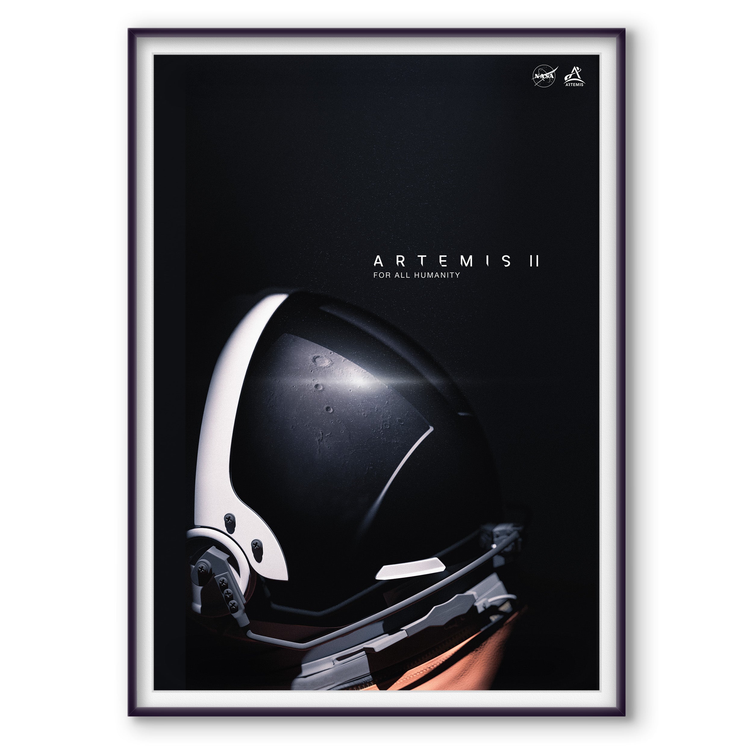 Official Artemis II mission poster artwork featuring a minimalist deep-space composition and mission-themed astronaut imagery.