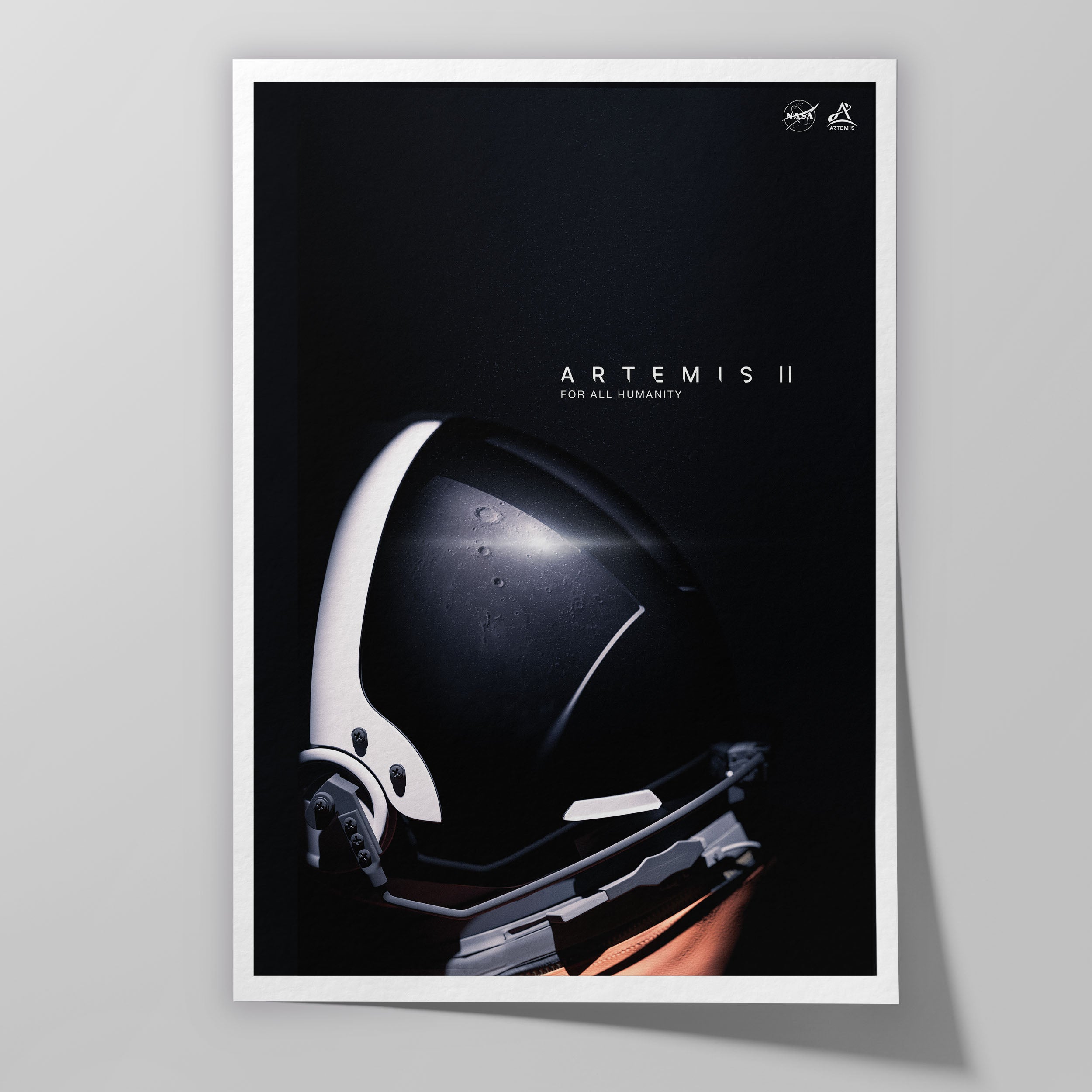 Official Artemis II mission poster artwork featuring a minimalist deep-space composition and mission-themed astronaut imagery.