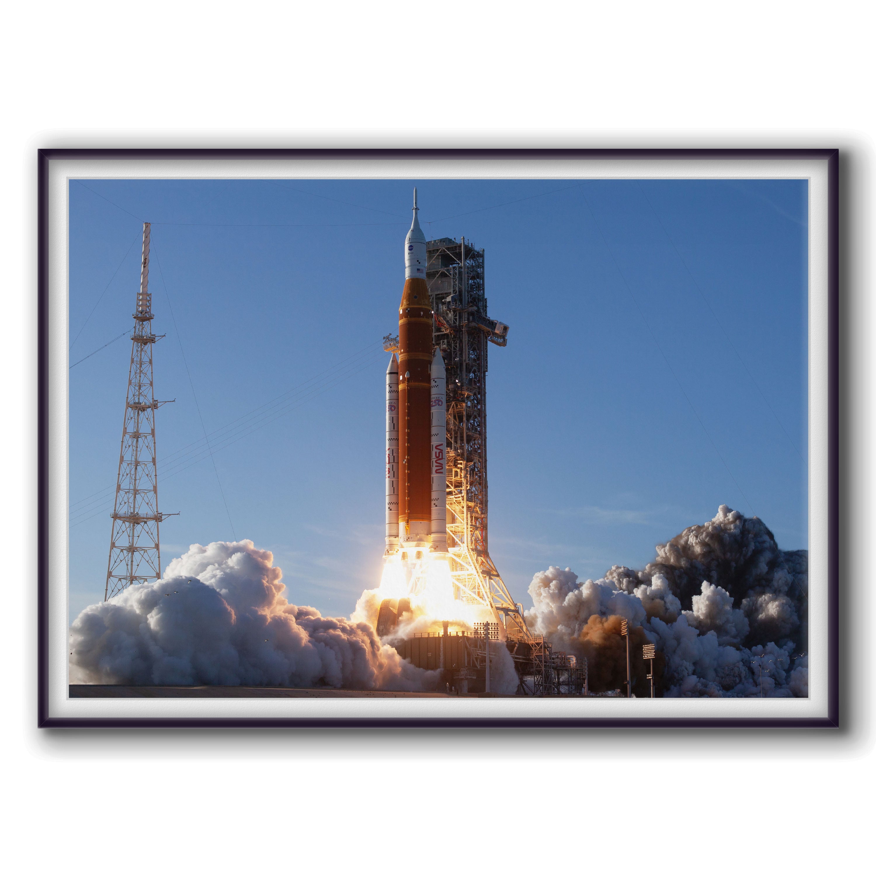 NASA’s Space Launch System rocket launching the Orion spacecraft and Artemis II crew from Launch Complex 39B at Kennedy Space Center.