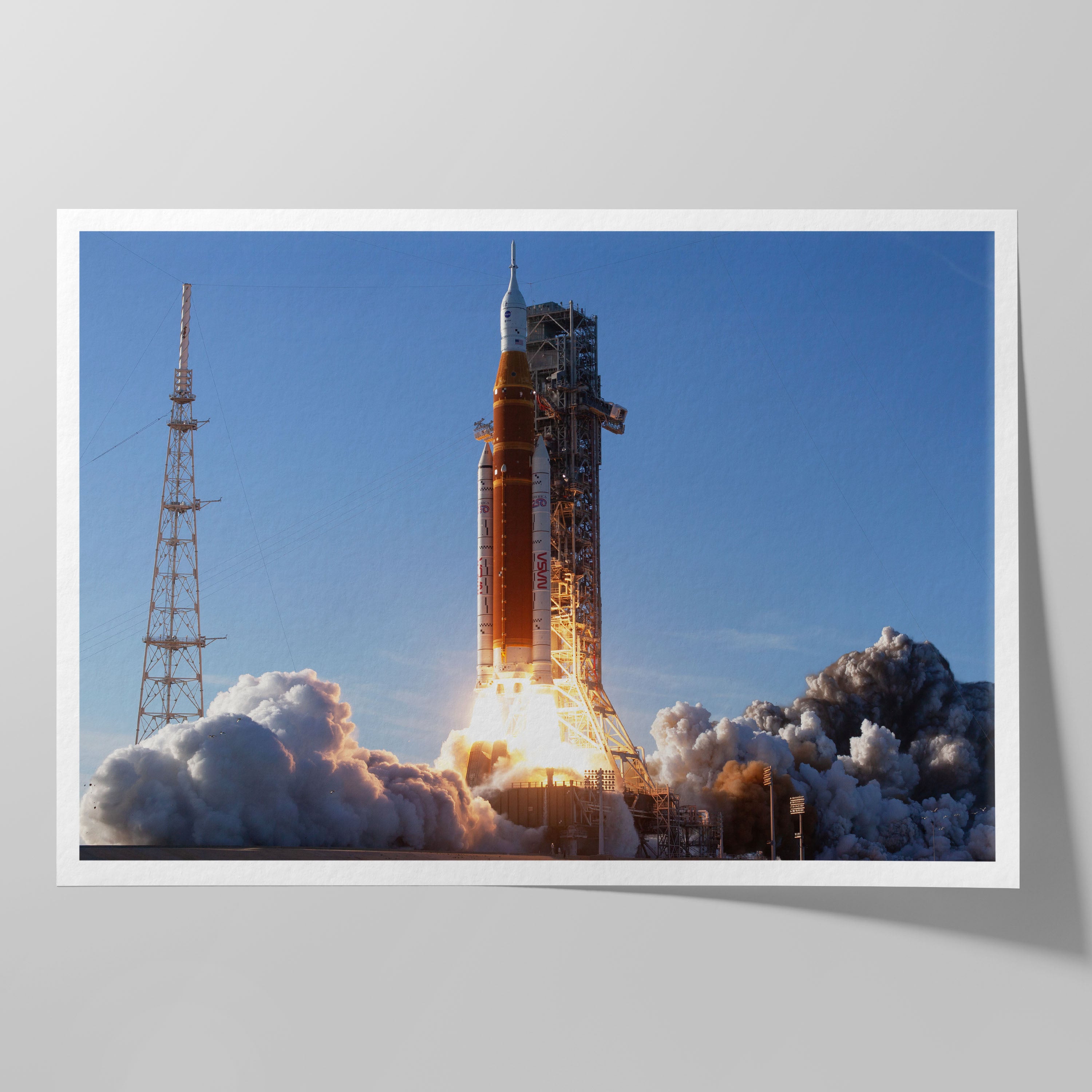 NASA’s Space Launch System rocket launching the Orion spacecraft and Artemis II crew from Launch Complex 39B at Kennedy Space Center.